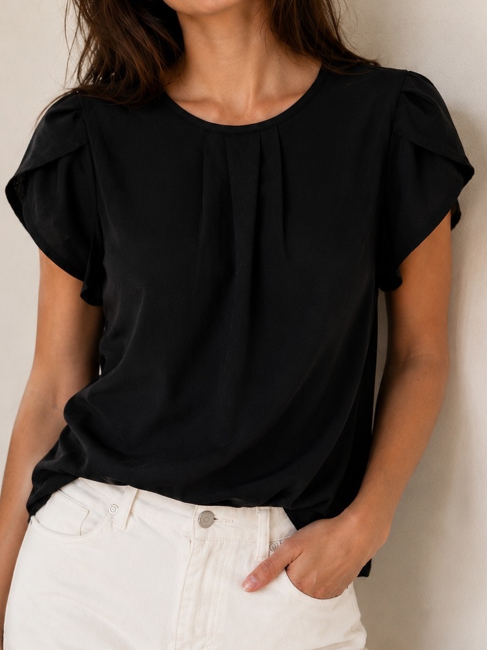 Women's Black Pleated Short Sleeve Blouse